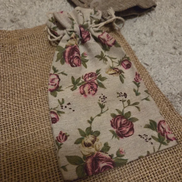 Set Of 3 Floral and Burlap Drawstring Bags Tea Party Wedding Vintage Victorian - Picture 2 of 6